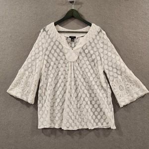 Alfani Sheer Polka‎ Dot Blouse Womens 2X Boho Crochet Bell Sleeve Top White